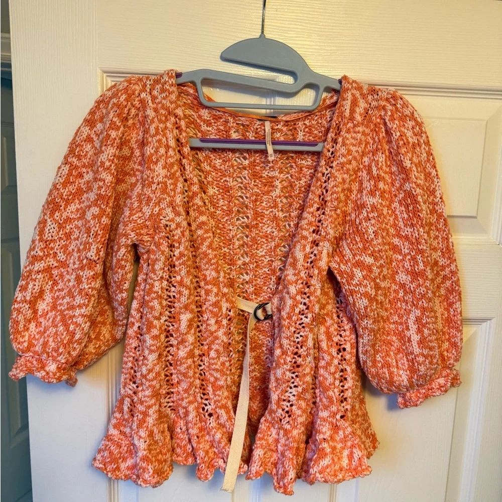 FREE PEOPLE 3/4 Length Sleeve Cardigan Sweater orange/cream-XS